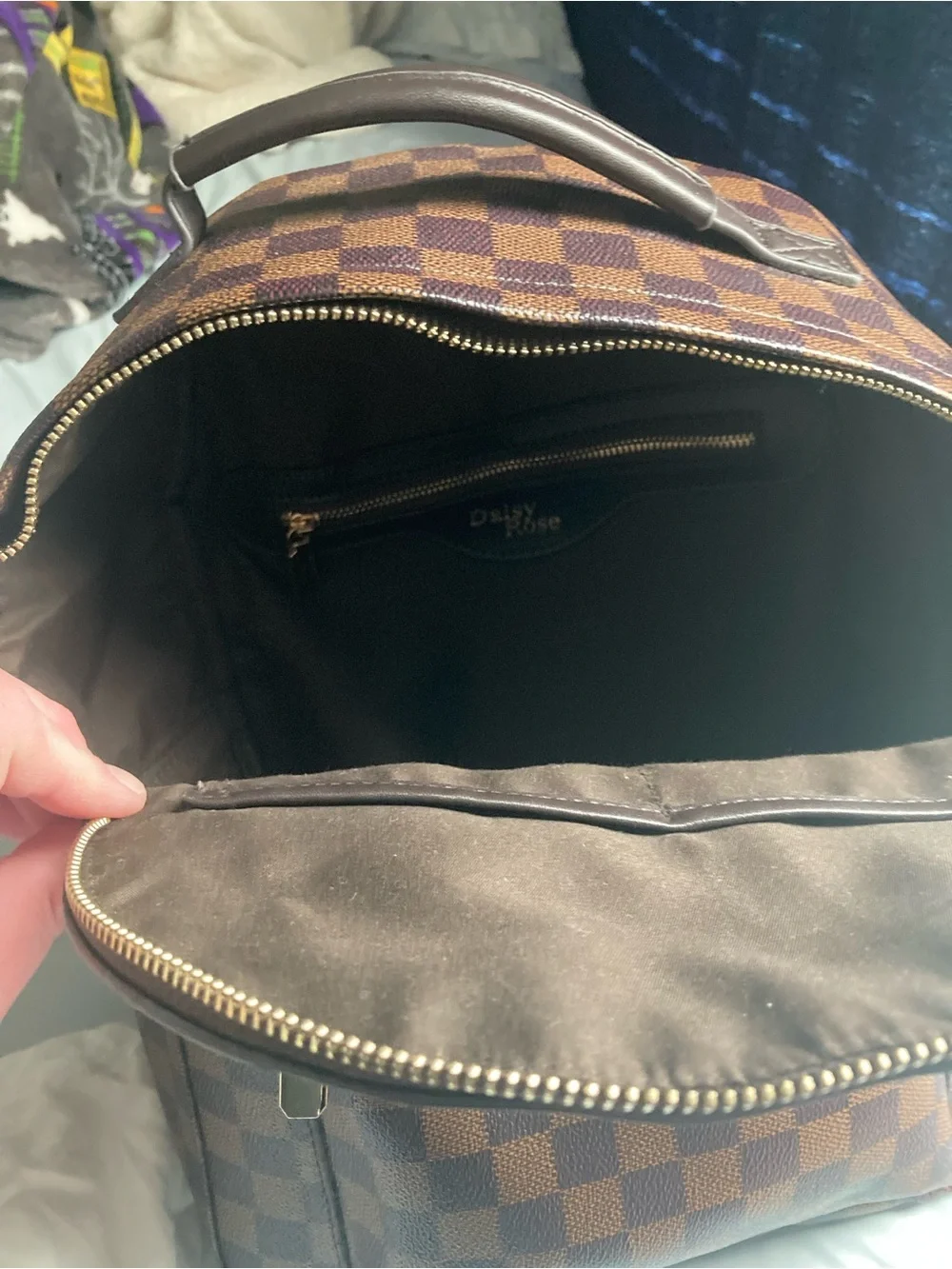 Women's Brown Checkered Backpack with Gold Hardware